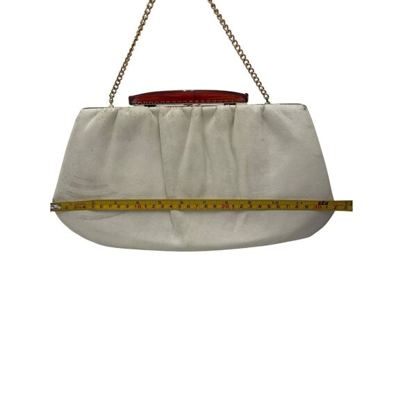 Vintage White Leather Clutch Purse Brown Lucite Handle & Gold Chain - Picture 1 of 13